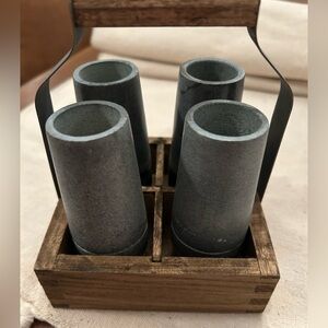 Soapstone Vodka shooter Set/4 w/Rustic Ash Wood Serve Caddy. Freeze/ Pour /Enjoy